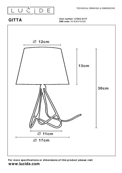 Lucide GITTA - Tischlampe - Ø 17 cm - 1xE14 - Kupfer - technisch